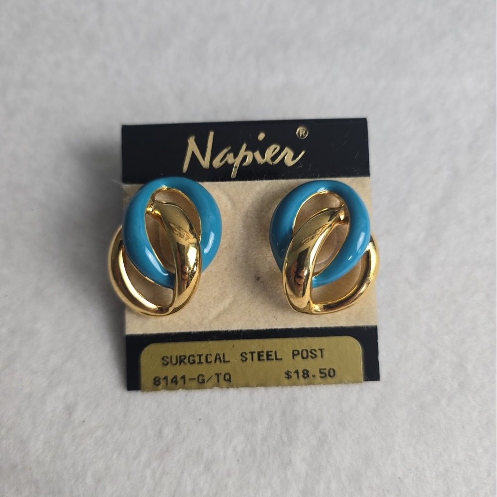 Vintage Napier Blue Gold Enamel Circular Earrings Retro Statement 8141-G/TQ